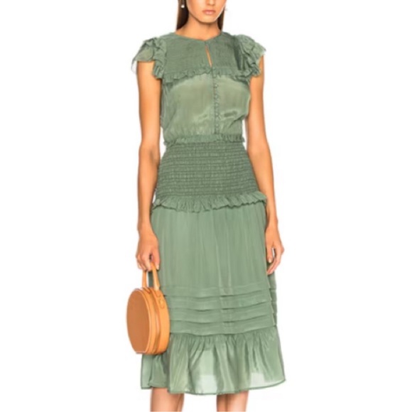 Sea New York Cecile Smocked Midi Dress Jade Green - Picture 1 of 8